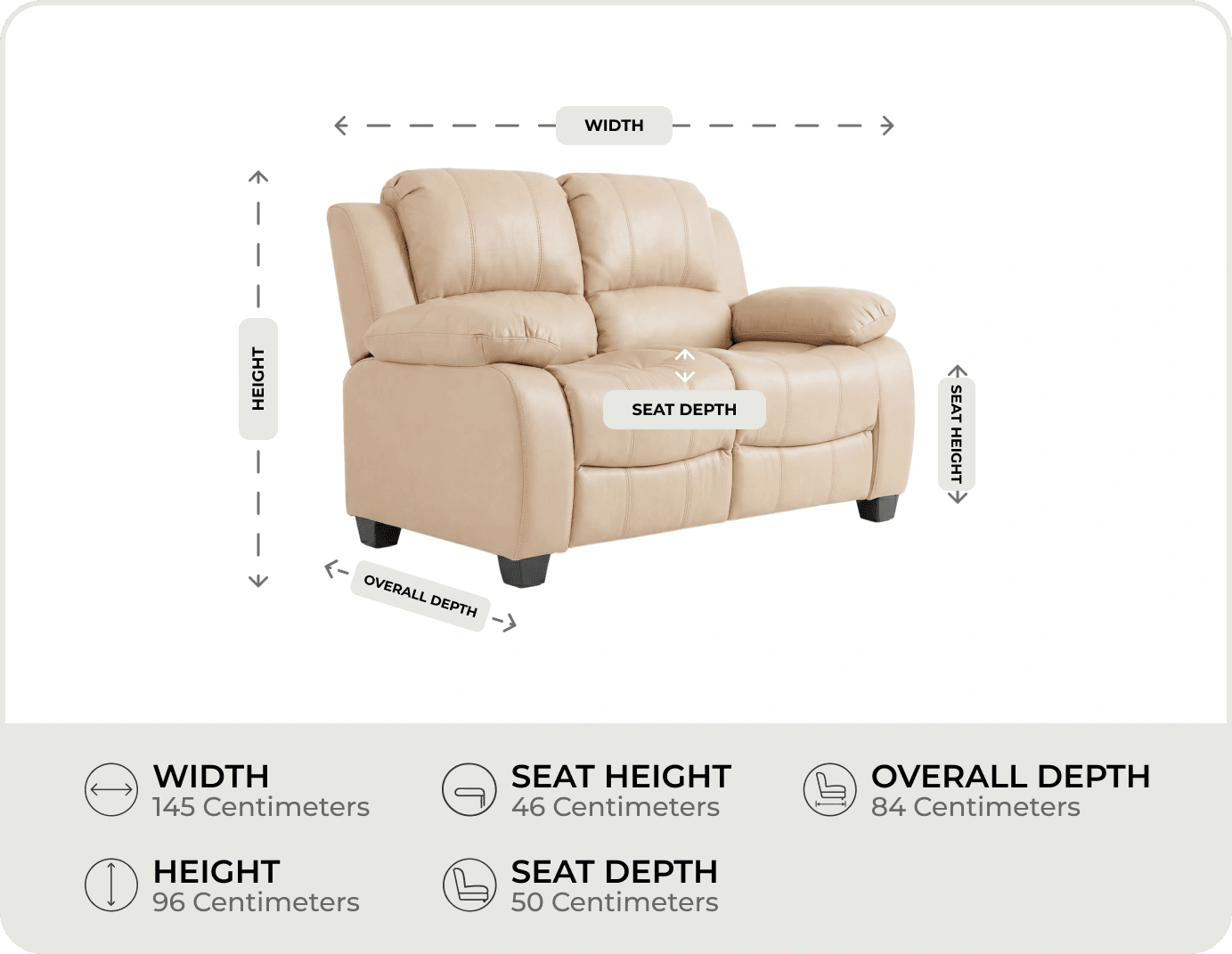 Veloura Cream Leather 2 Seater Sofa measurement
