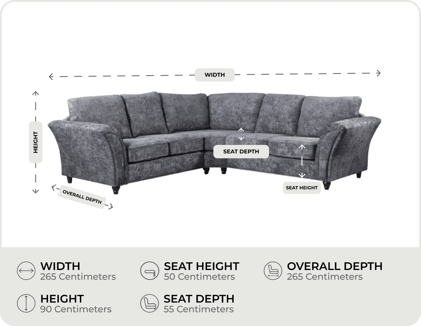 Cotswold Grey Fabric High Back Corner Sofa measurements