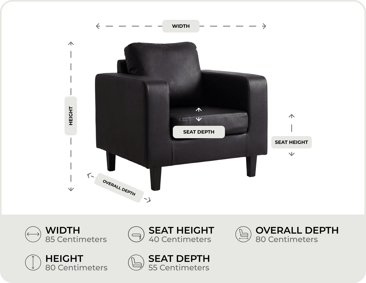 Nova Black Leather Armchair measurements