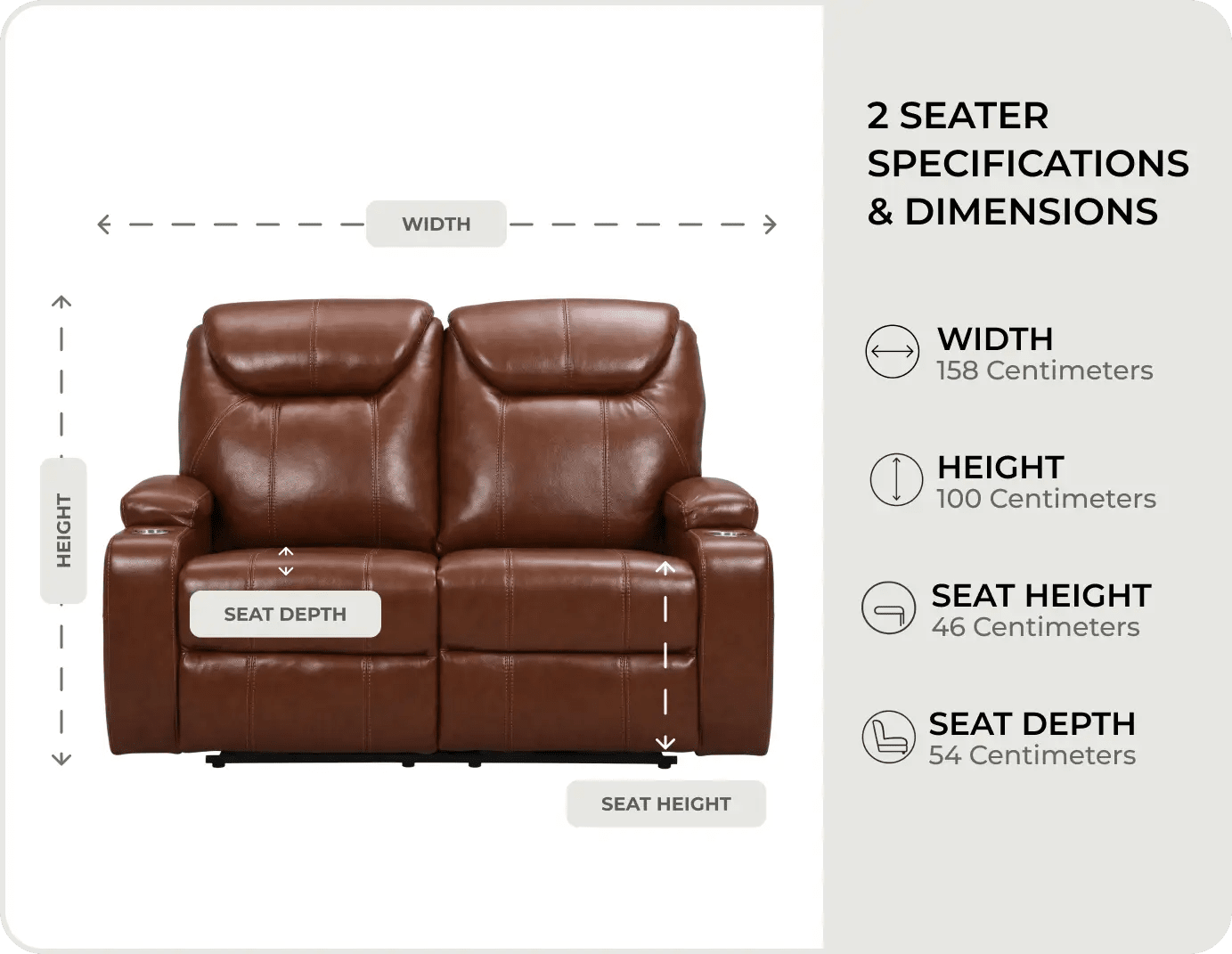 Cinemax Tan Electric 2 Seater Leather Recliner Sofa With Two Cup Holders measurements