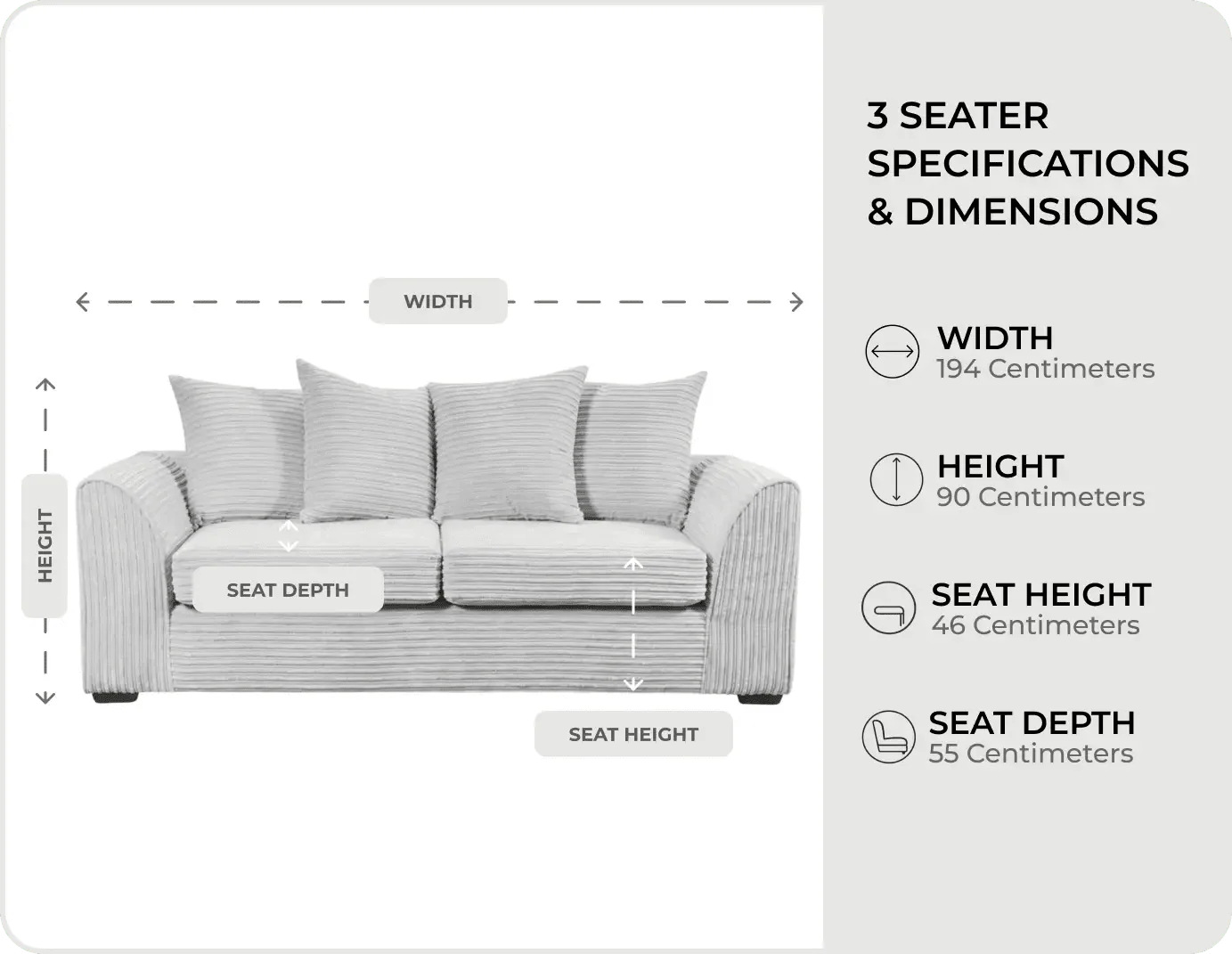 Oxford Shark Fabric 3 Seater Sofa measurements