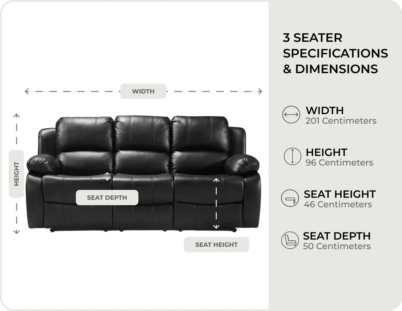 York Black Leather Electric Recliner 3 Seater Sofa - measurements