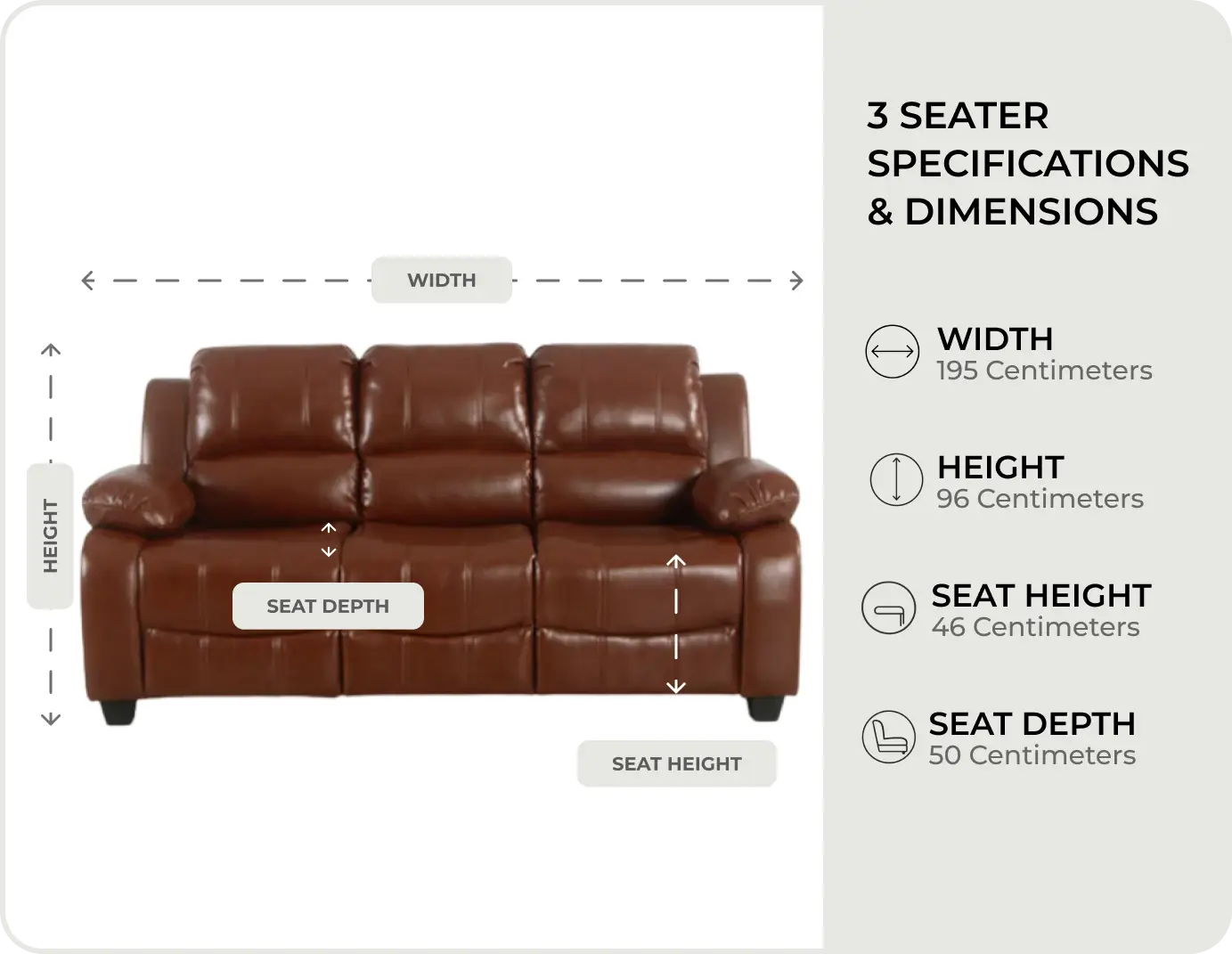 Veloura Tan Leather 3 Seater Sofa - measurements