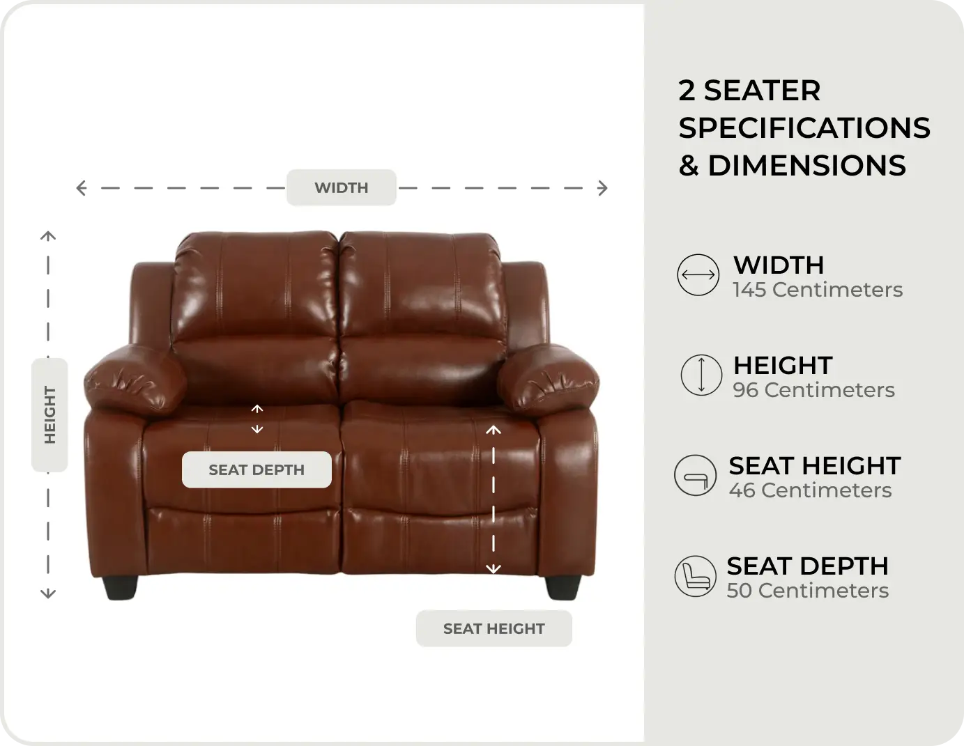 Veloura Tan Leather 2 Seater Sofa - measurements