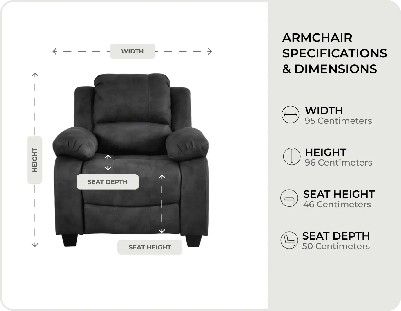 Veloura Charcoal Fabric Armchair - measurements