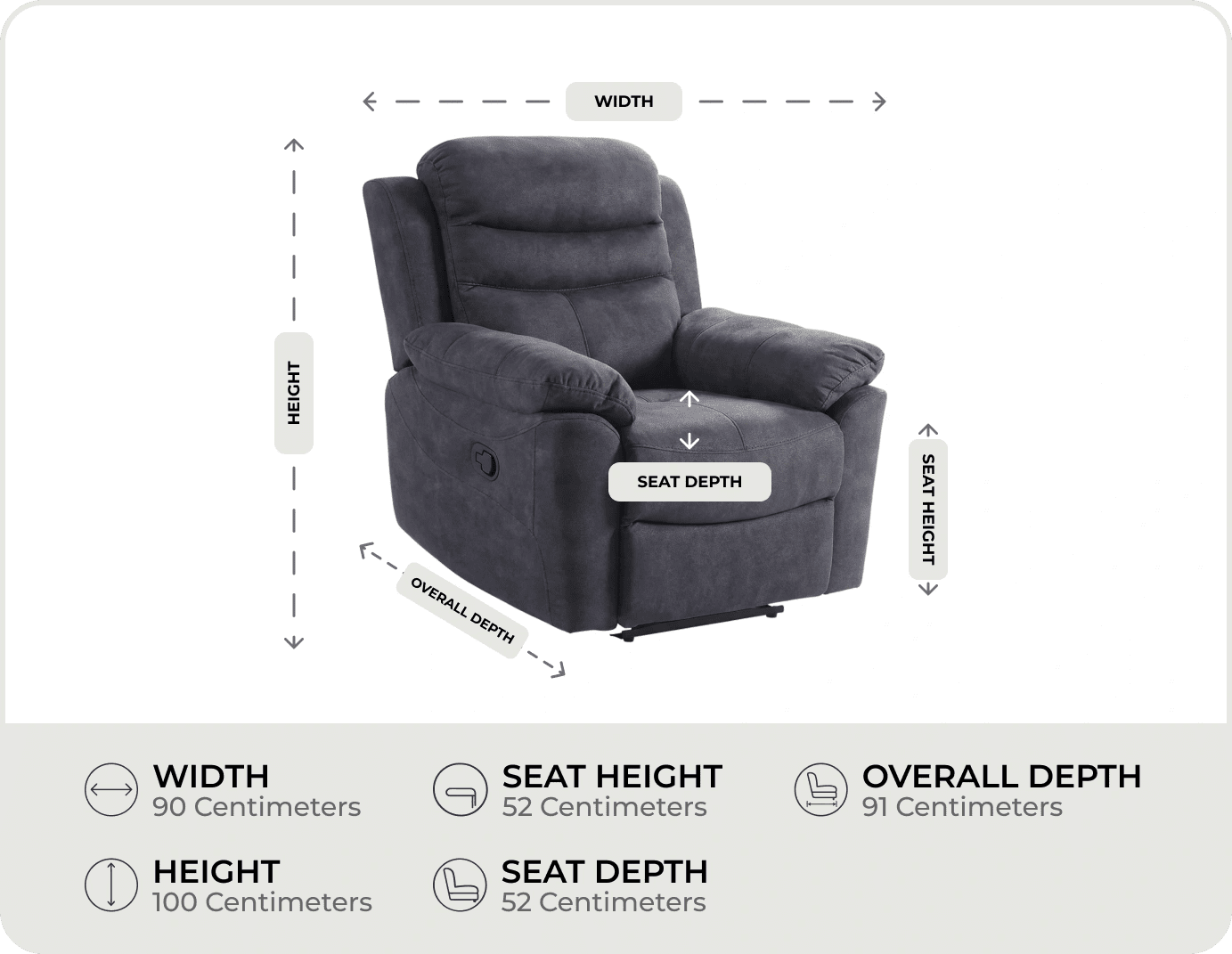 Bristol Grey Fabric Manual Recliner Armchair measurements