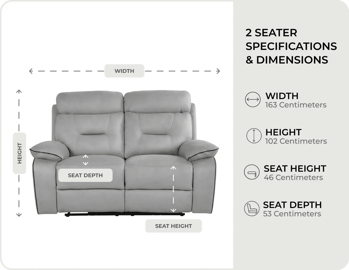 Foster Light Grey Fabric Electric Recliner 2 Seater Sofa measurements
