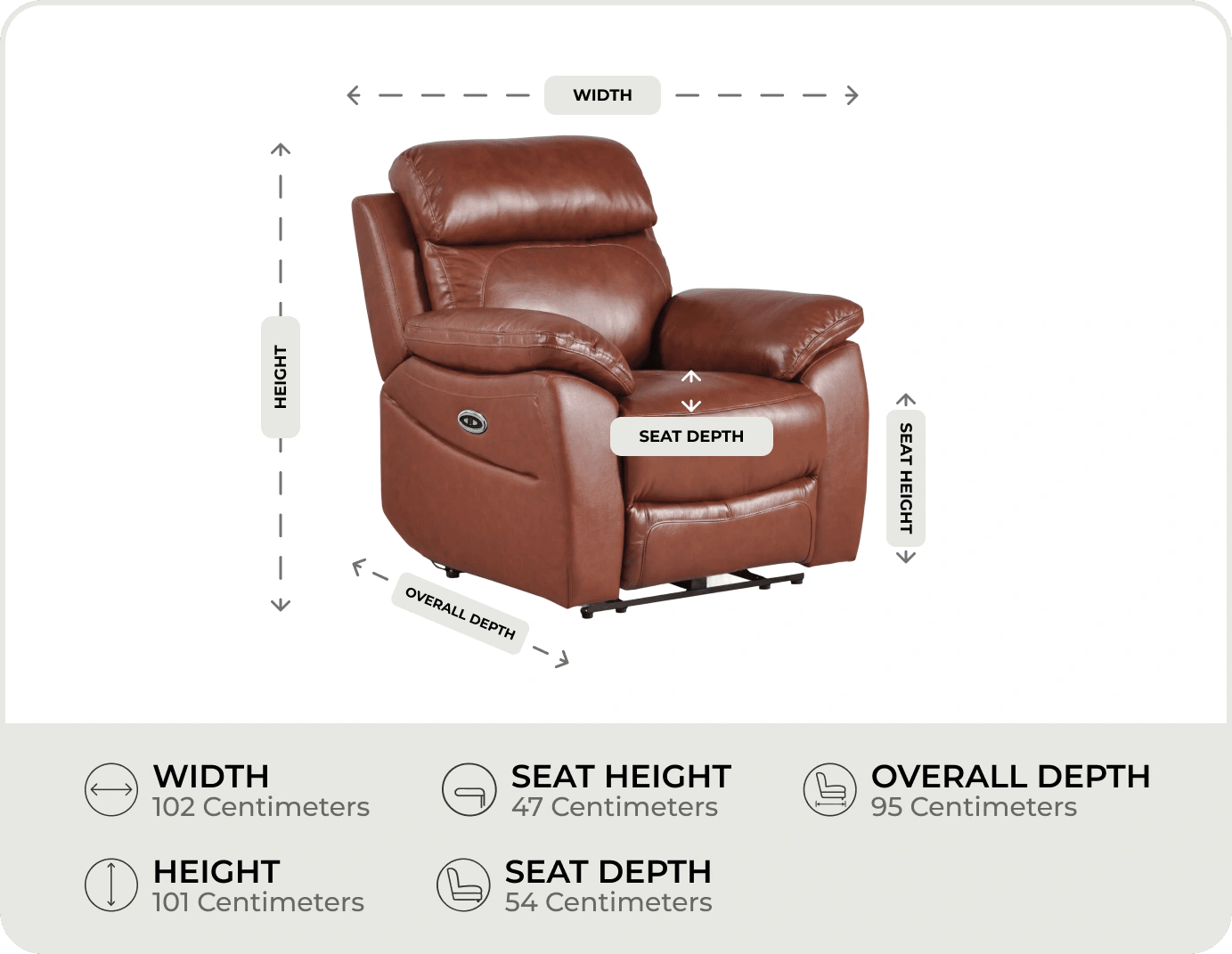 Torino Genuine Leather Tan Electric Power Recliner Armchair measurements