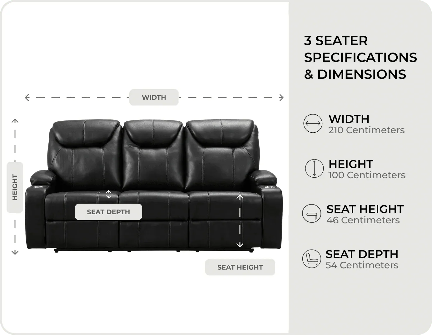 Cinemax Black Leather Recliner 3 Seater Sofa measurements