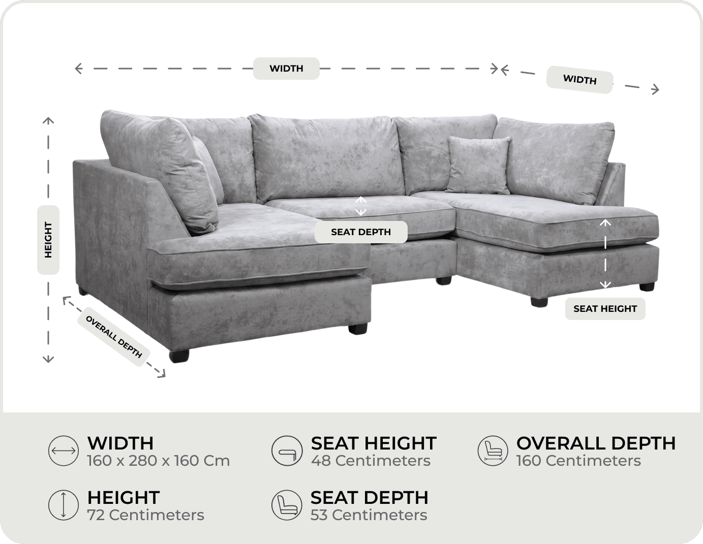 Mayfair Grey Fabric U Shape High Back Corner Sofa + Footstool measurements