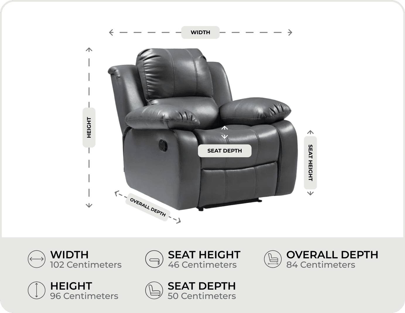 York Grey Leather Manual Recliner Armchair measurement
