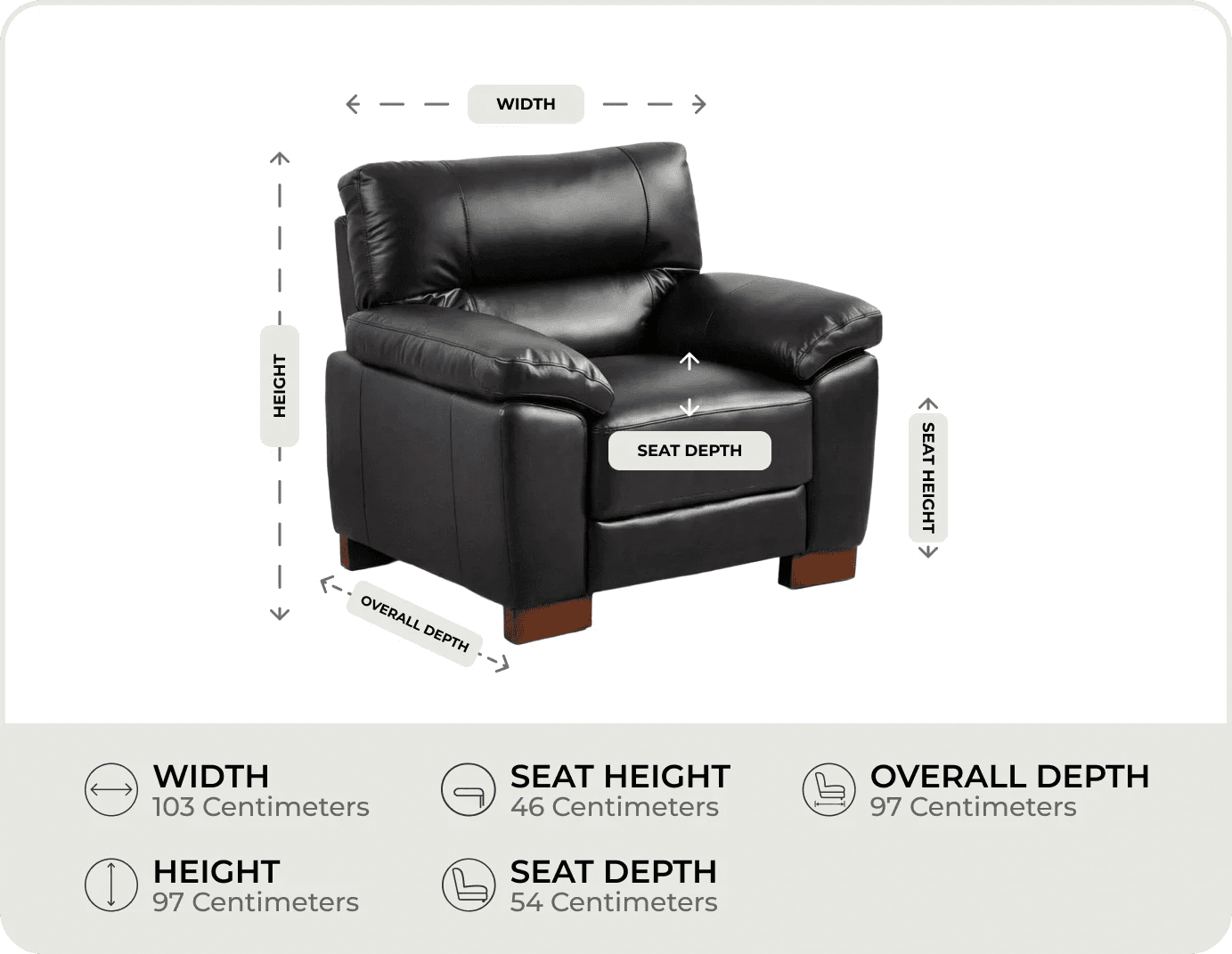 Dalmore Genuine Leather Black Armchair measurement