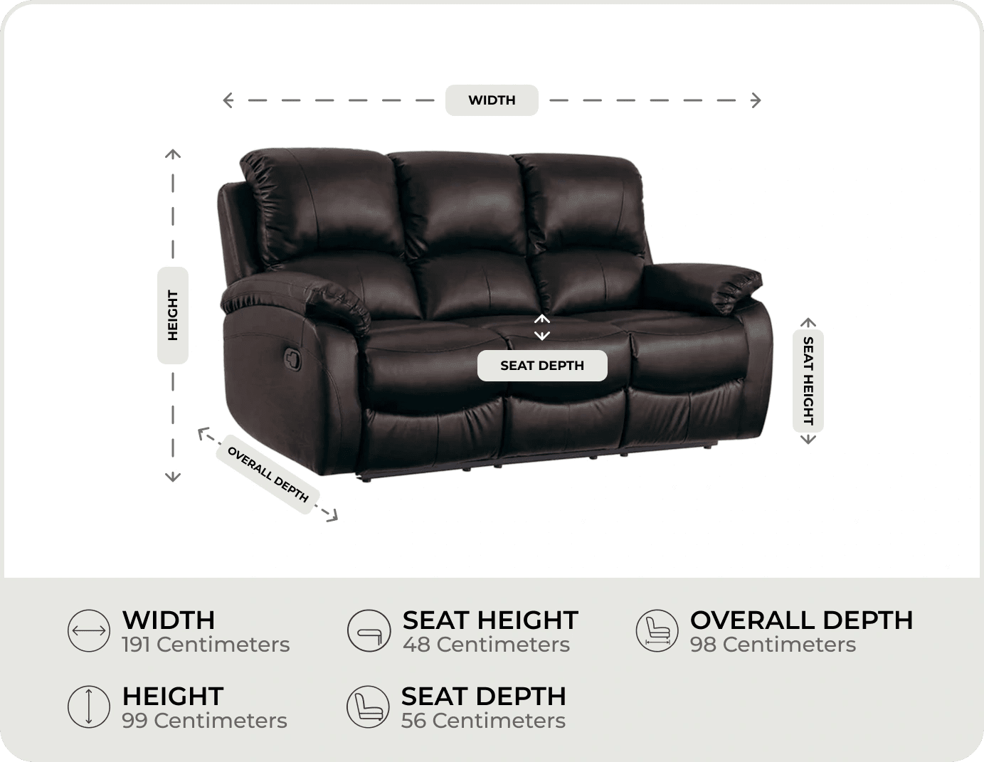Serano Brown Leather Manual Recliner 3 Seater Sofa measurements