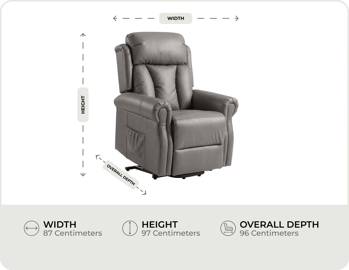 Derby Genuine Leather Grey Rise & Recline Mobility Chair measurements