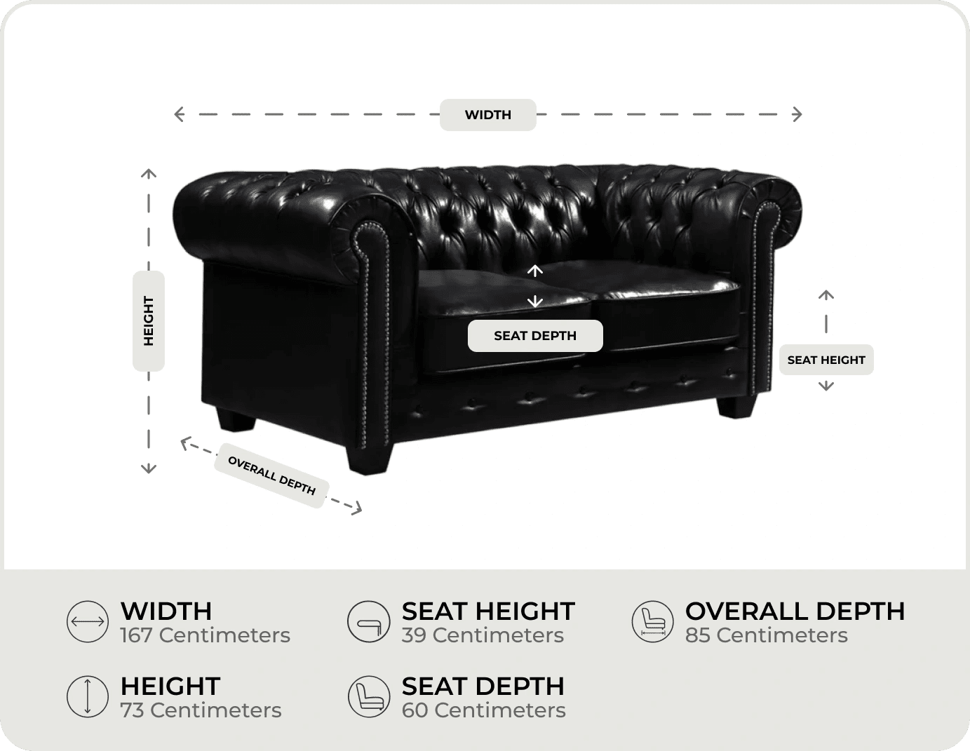 Chesterfield Black Leather Antique 2 Seater Sofa measurement