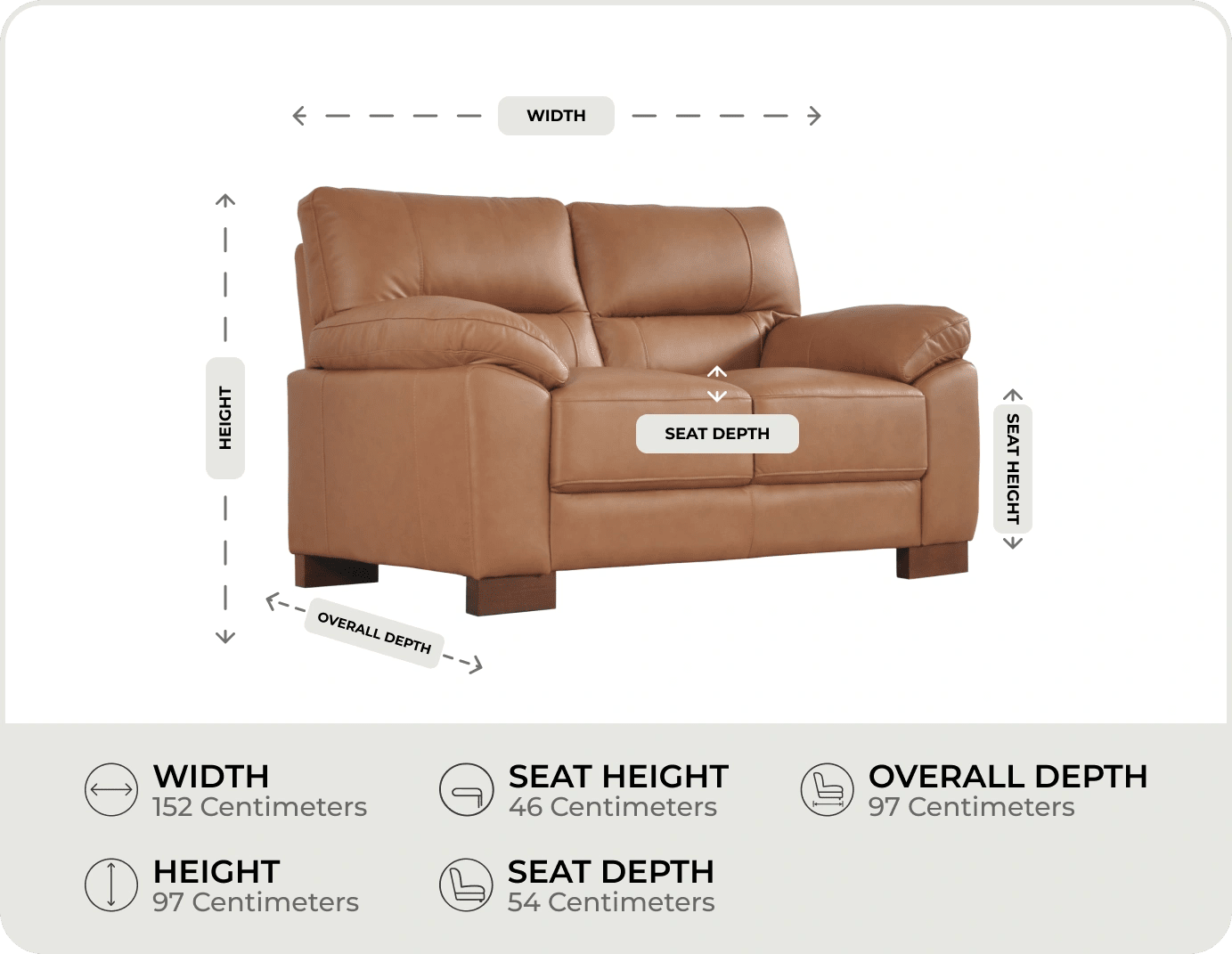 Dalmore Genuine Leather Caramel 2 Seater Sofa measurement