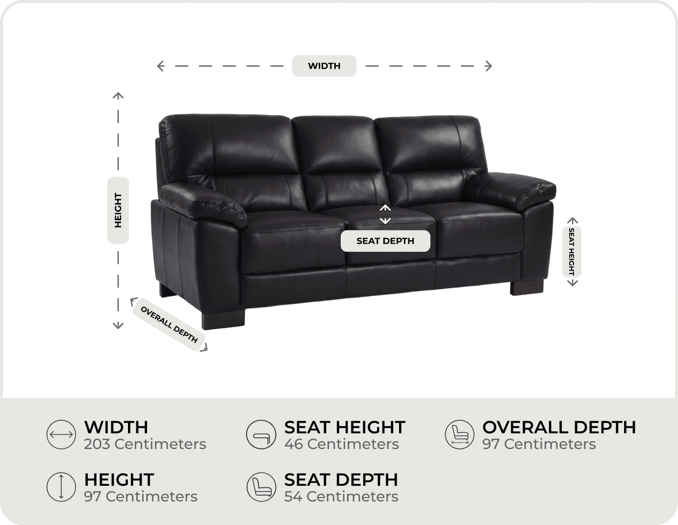 Dalmore Genuine Leather Black 3 Seater Sofa measurement