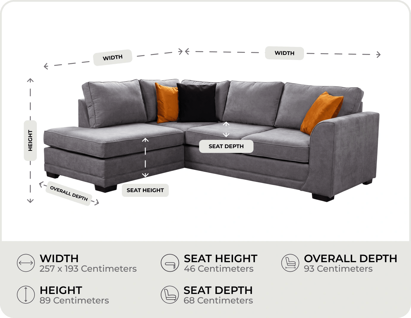 Orka Sofa Grey Fabric Left Hand Corner Sofa - LHC measurement