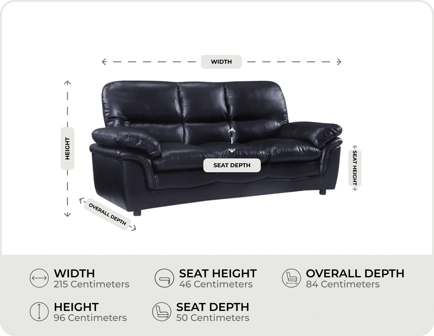 Florence Black Leather 3 Seater Sofa measurement