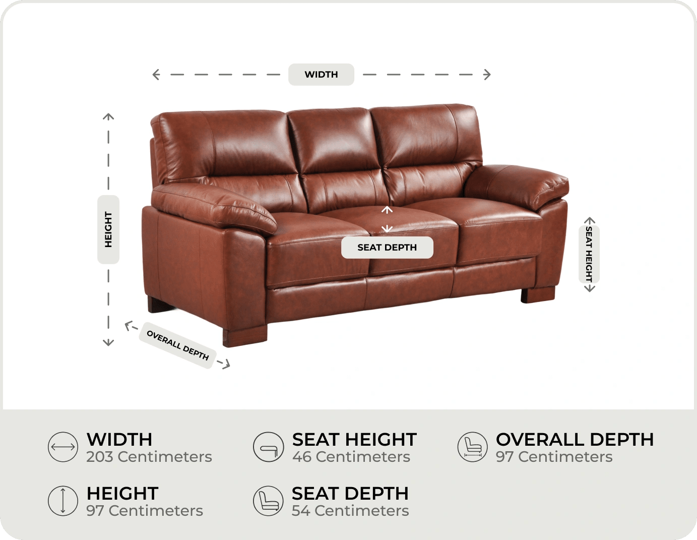 Dalmore Genuine Leather Tan 3 Seater Sofa measurement