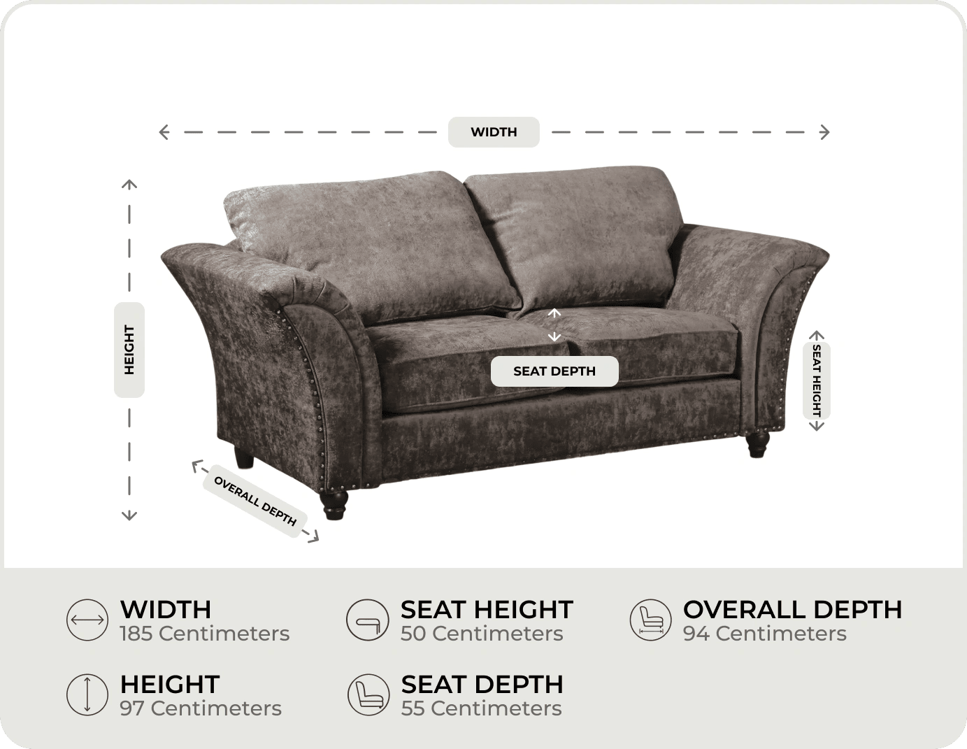 Cotswold Truffle Fabric 2 Seater Sofa measurements