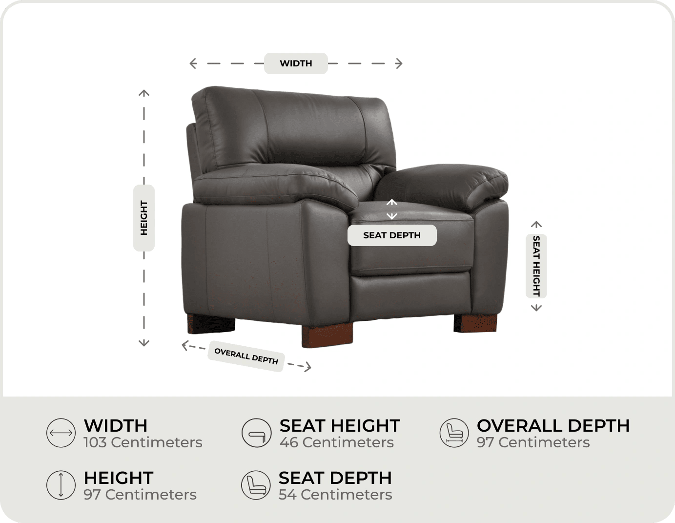 Dalmore Genuine Leather Grey Armchair Measurements