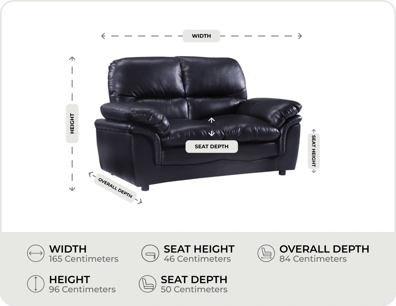 Florence Black Leather 2 Seater Sofa measurement