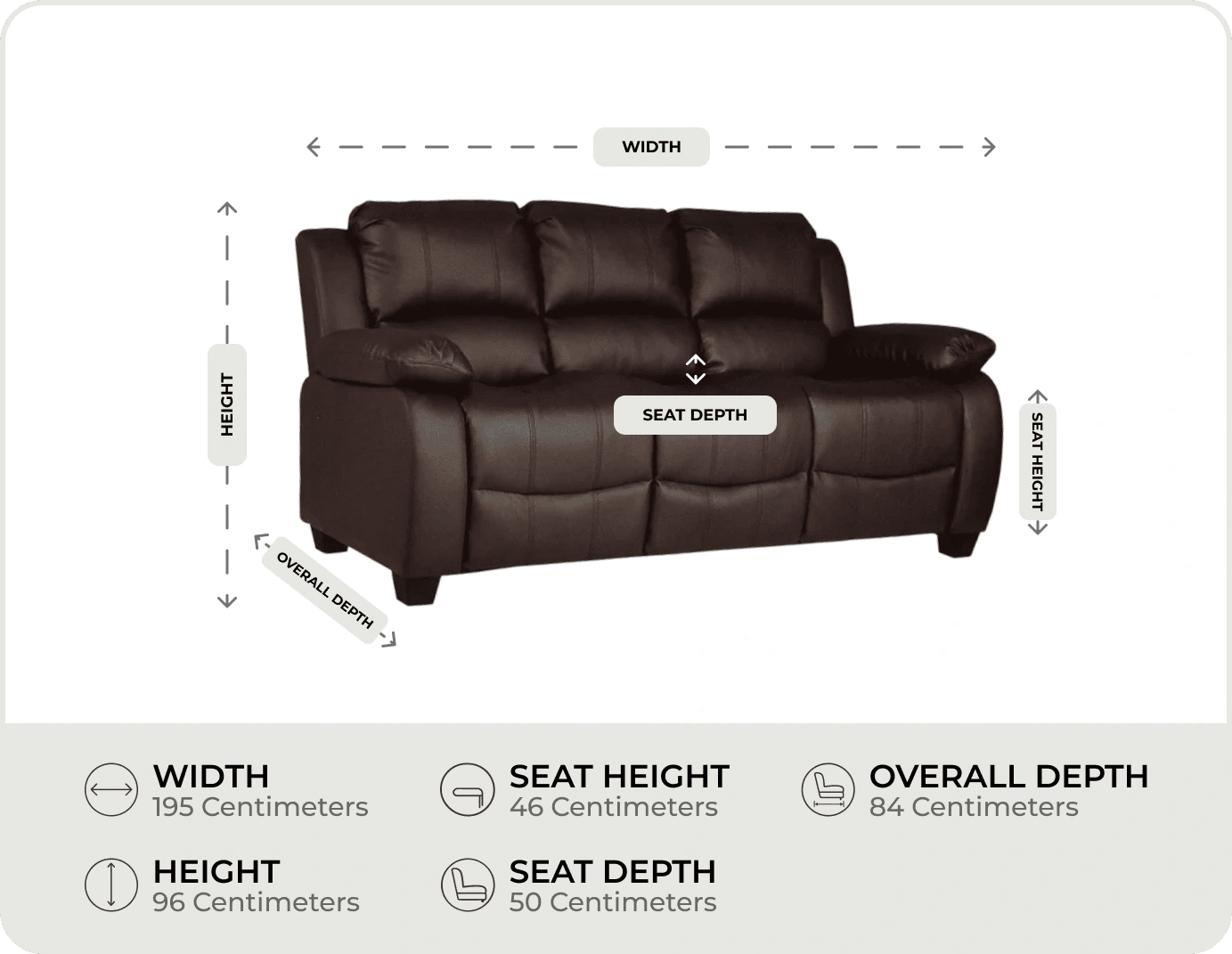 Veloura Brown Leather 3 Seater Sofa measurement