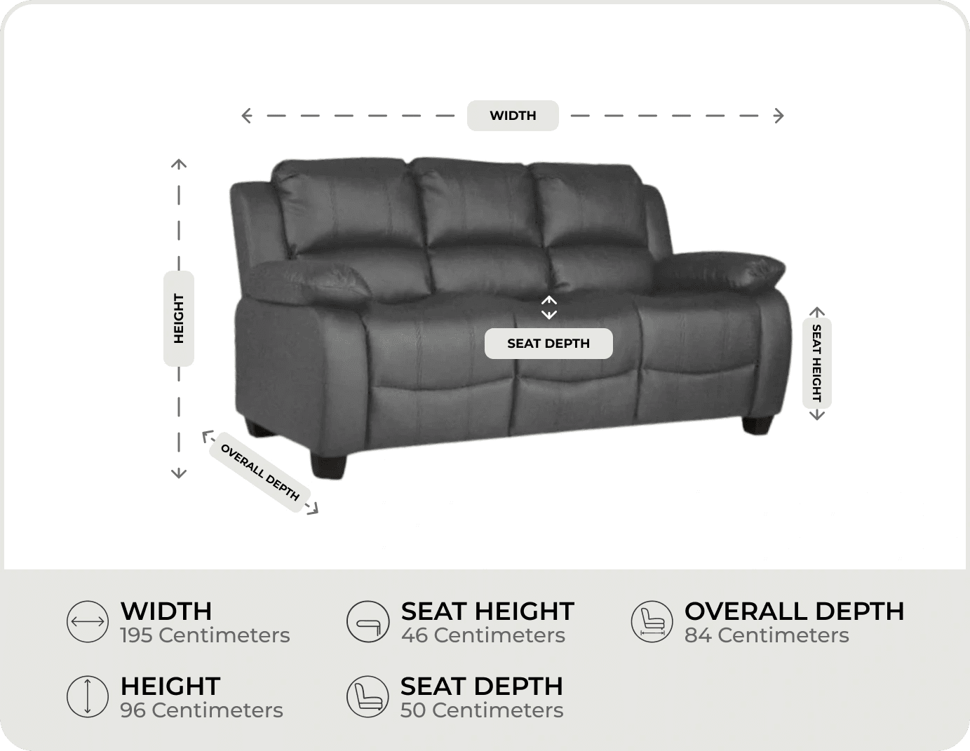 Veloura Grey Leather 3 Seater Sofa measurement