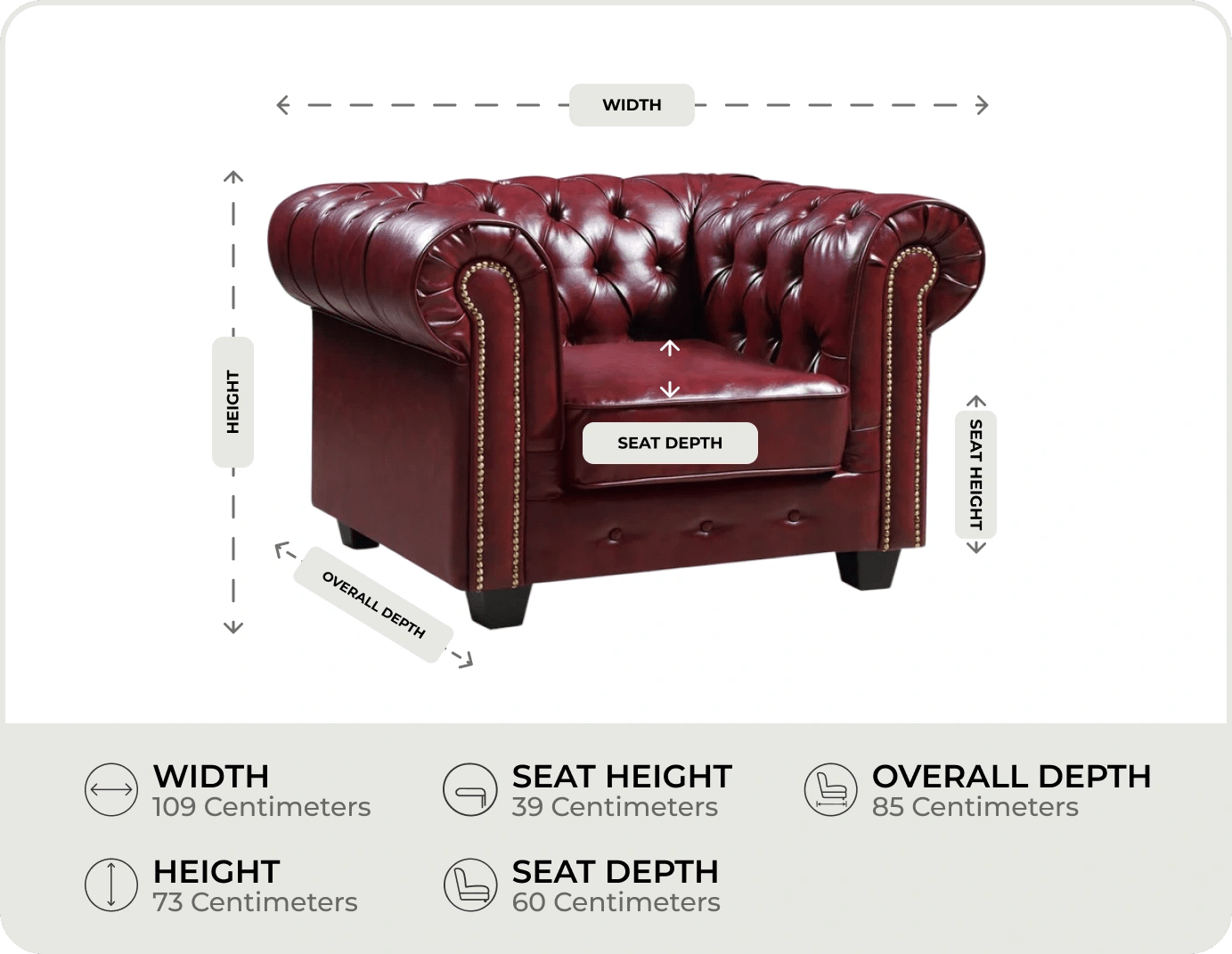 Chesterfield Red Leather Antique Armchair measurements