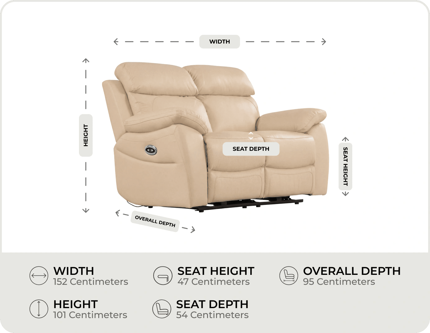 Torino Genuine Leather Cream Electric Power Recliner 2 Seater Sofa measurements