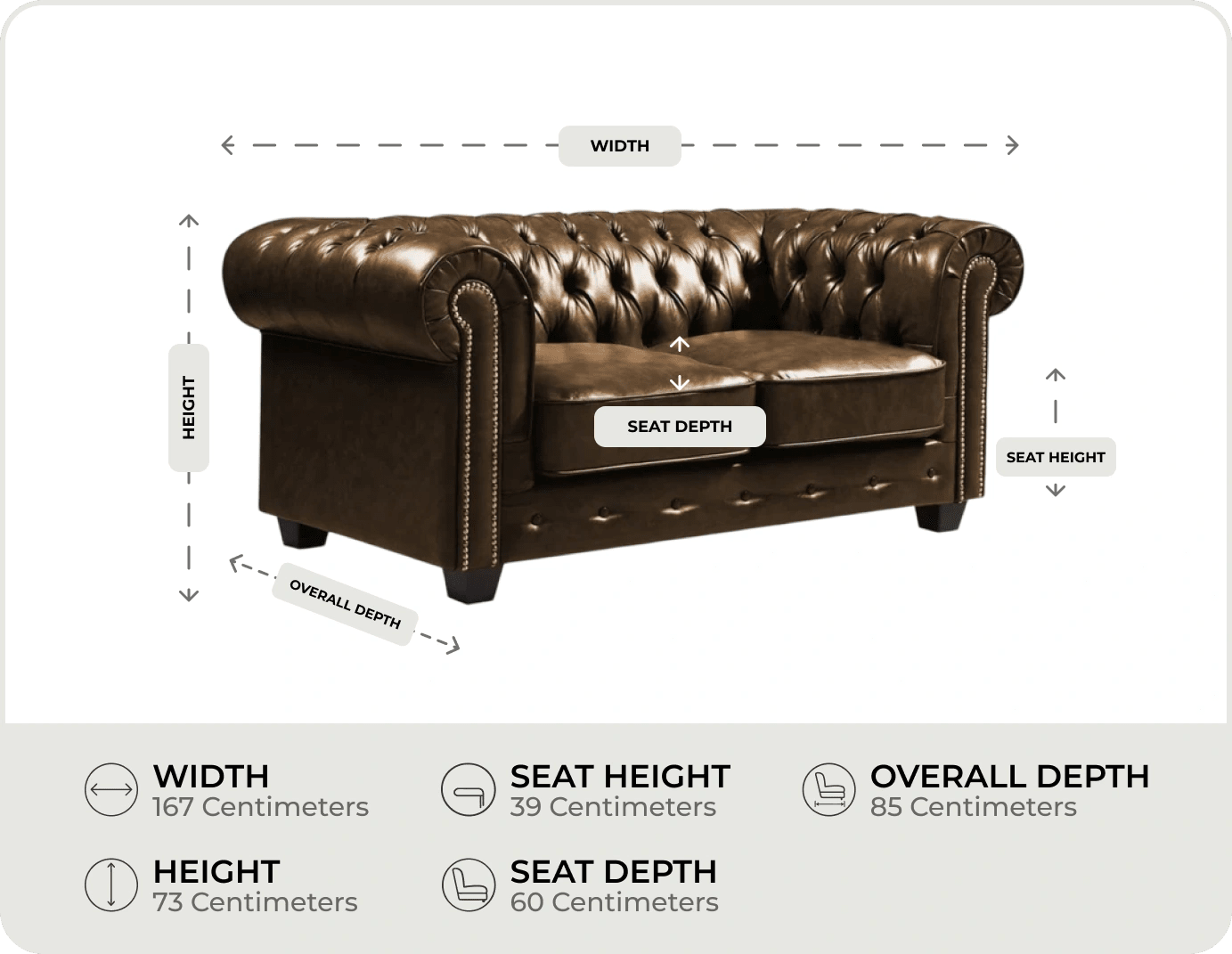 Chesterfield Brown Leather Antique 2 Seater Sofa measurement