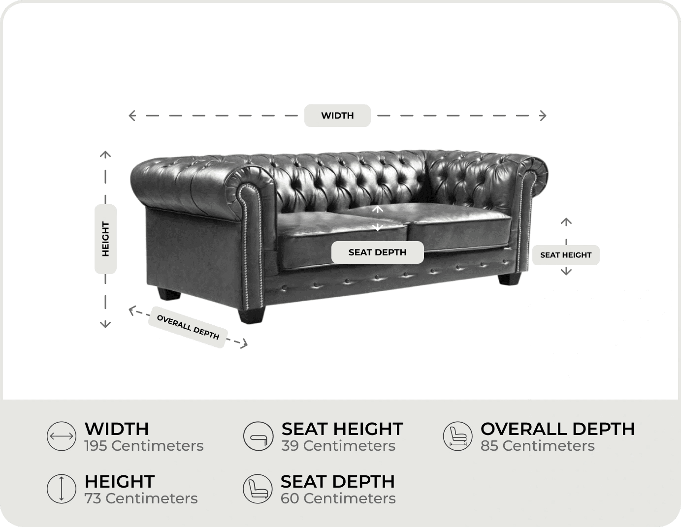 Chesterfield Grey Leather Antique 3 Seater Sofa measurements