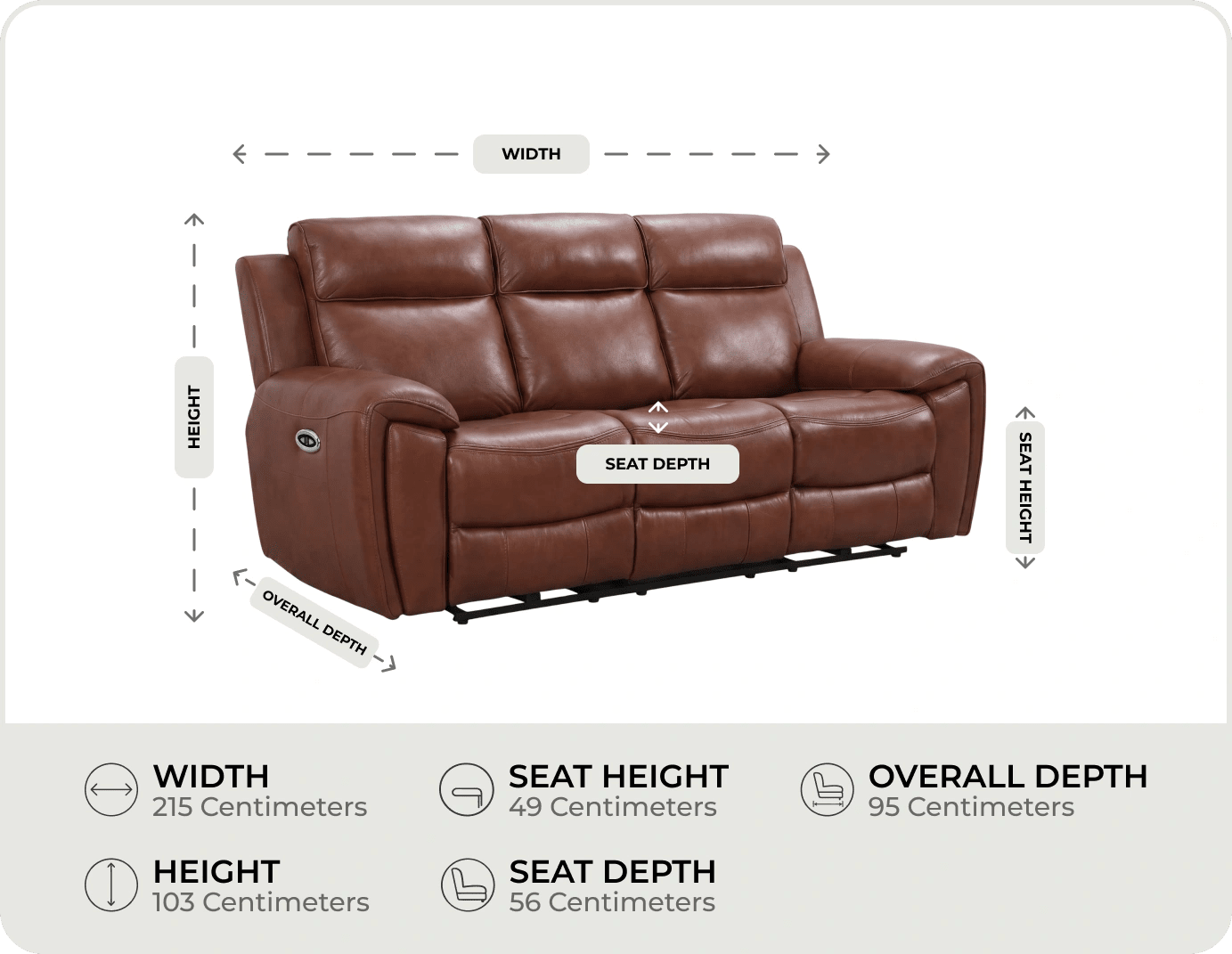 Leo Genuine Leather Tan Electric Power Recliner 3 Seater
measurements