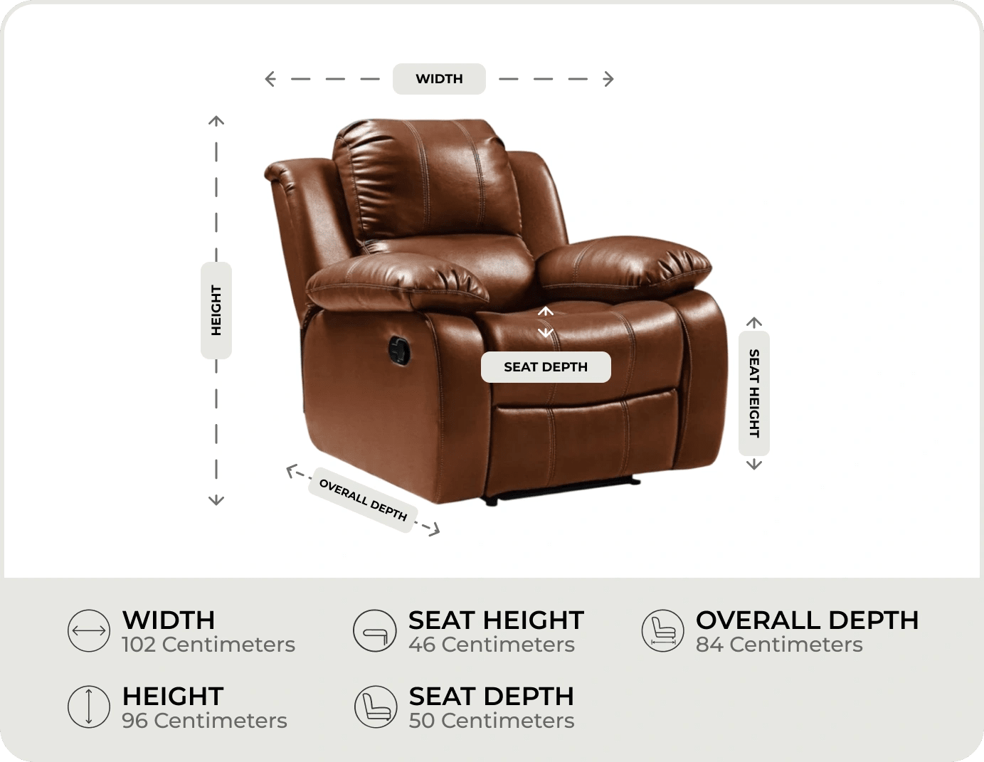 York Leather Tan Manual Recliner Armchair measurement