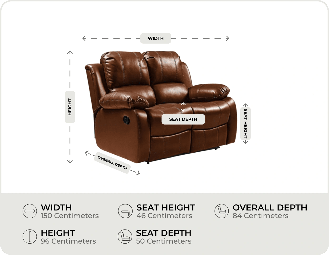 York Tan Leather 2 Seater Manual Recliner Sofa measurement