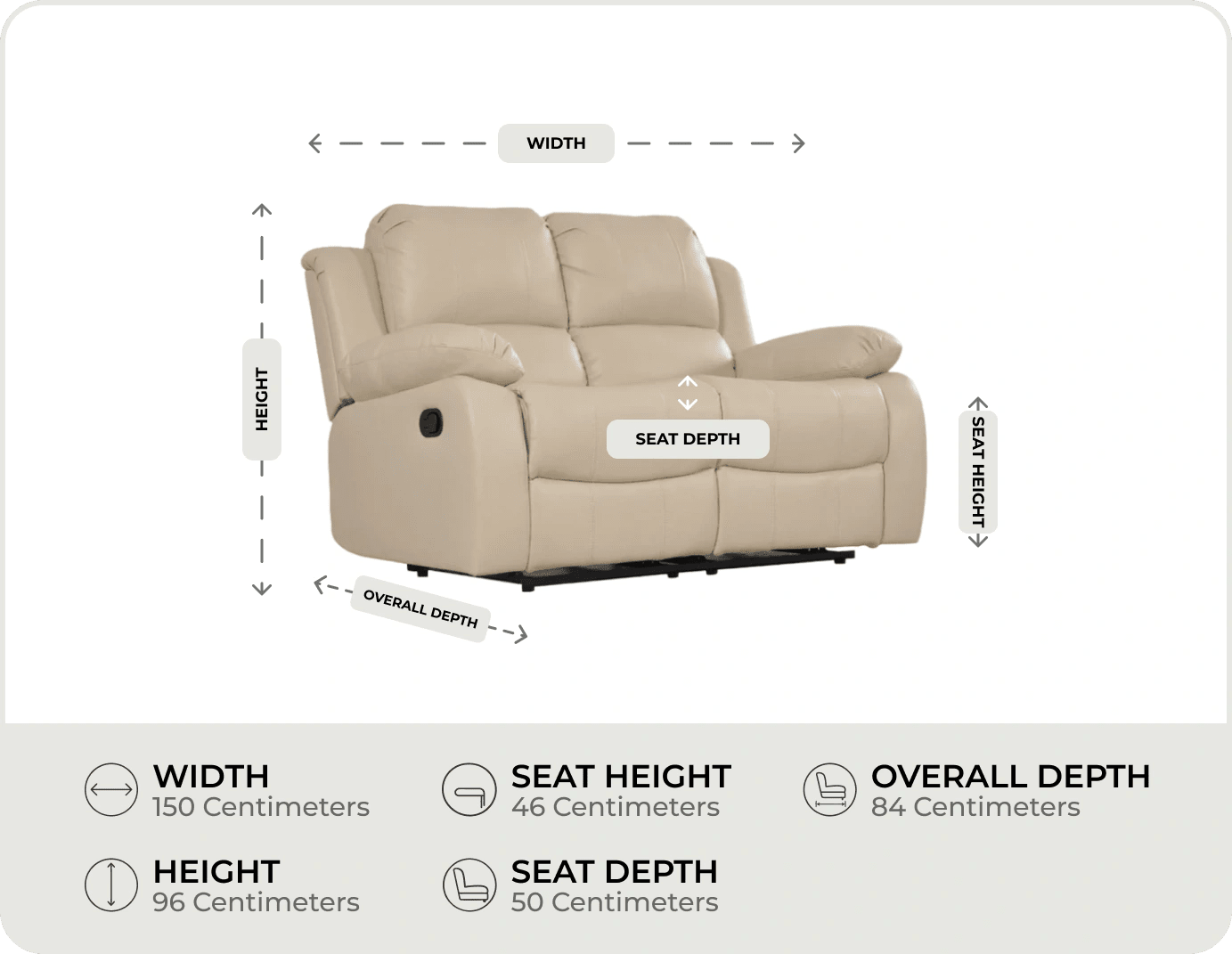 York Cream Leather 2 Seater Manual Recliner Sofa measurement