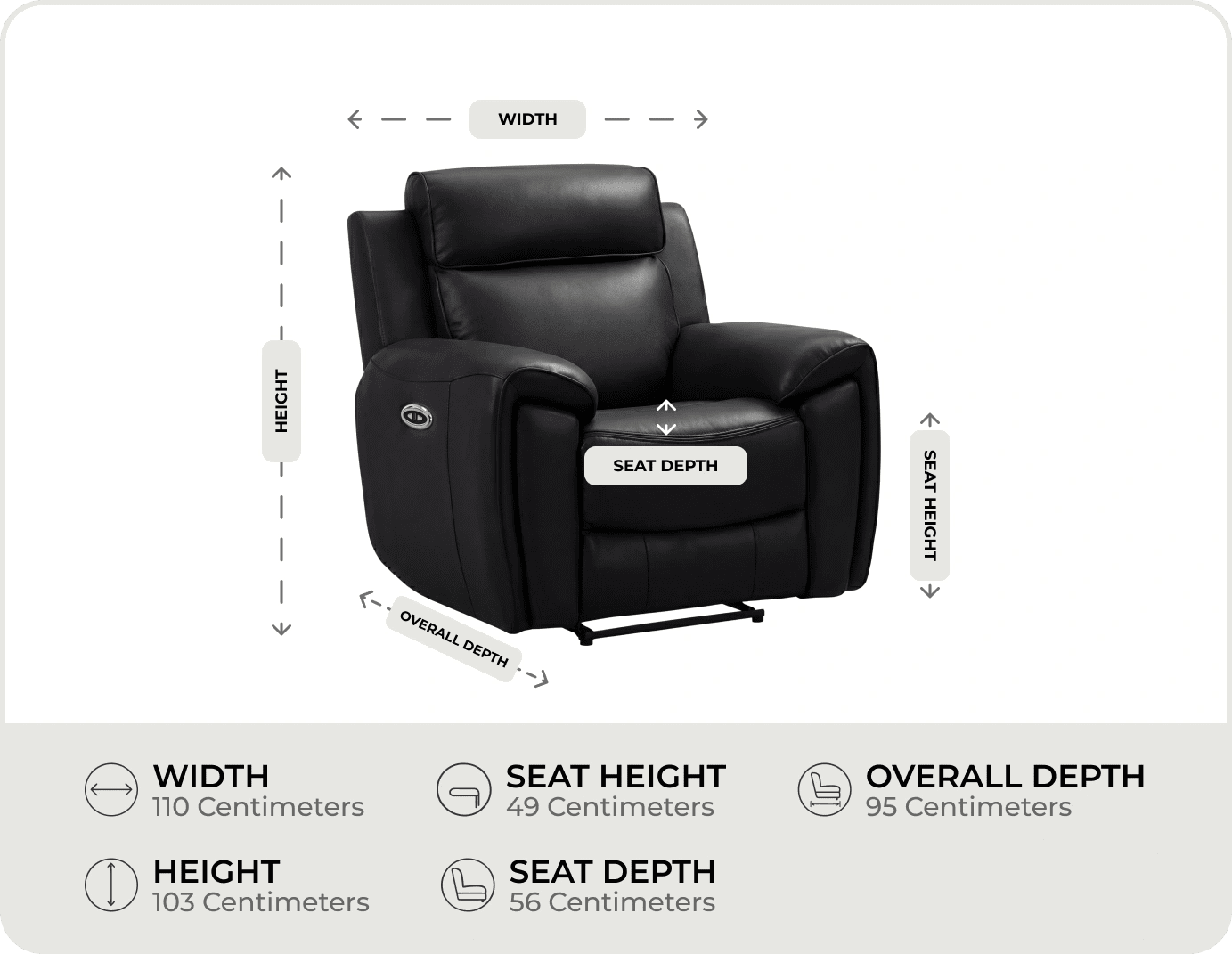 Leo Genuine Leather Black Electric Power Recliner Armchair measurements