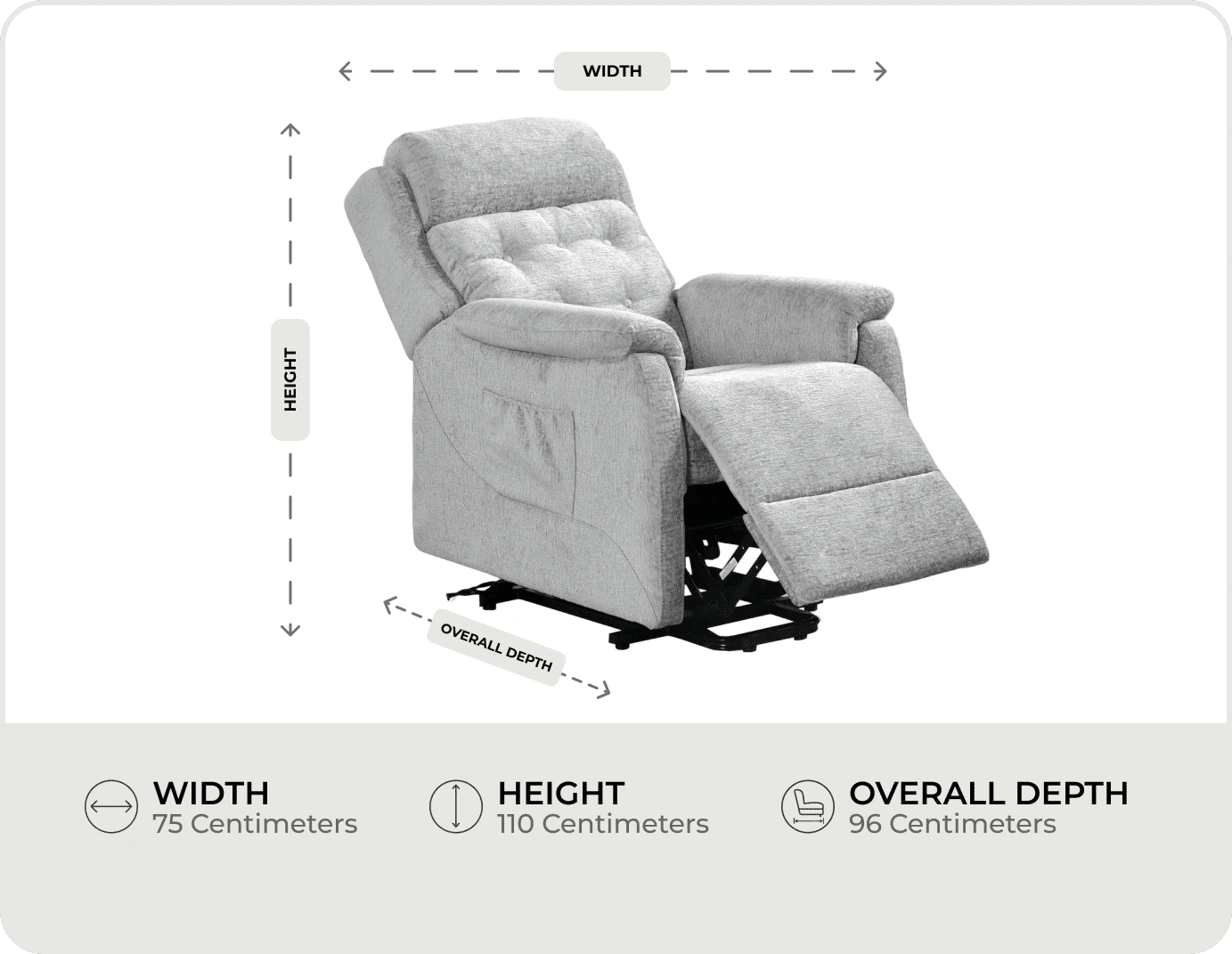 Oliver Light Grey Fabric Rise & Recline Mobility Chair measurements