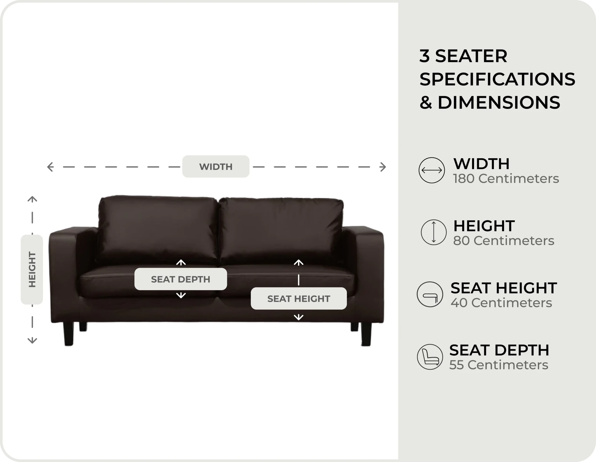 Box Brown Leather 3 seater measurements