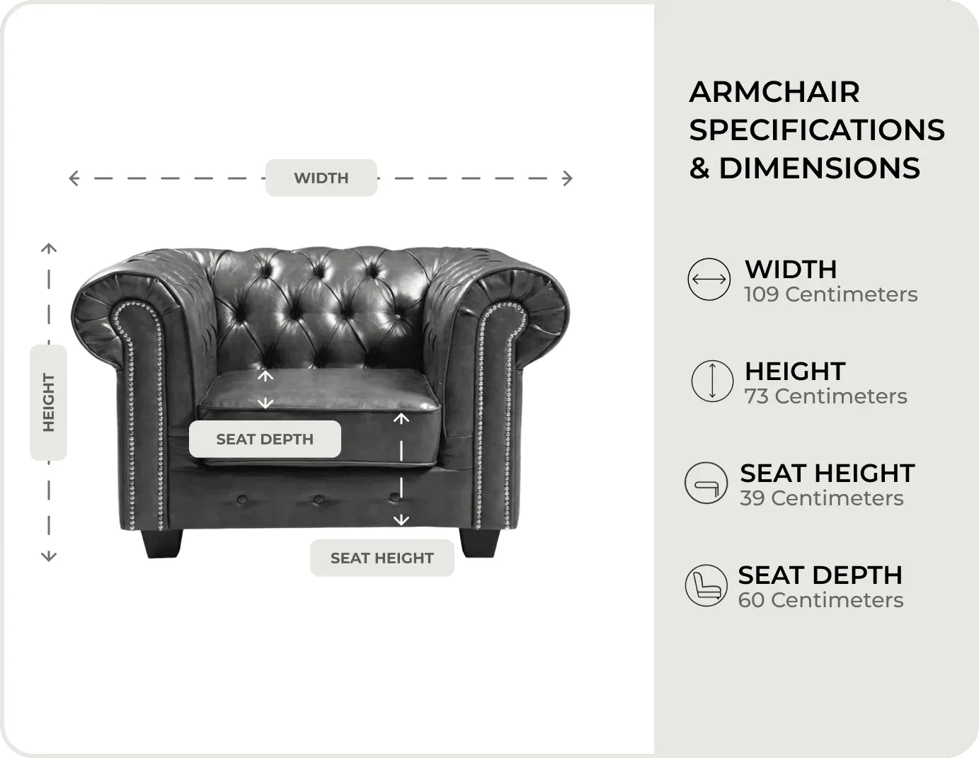 Windsor Classic Grey Leather Armchair measurements