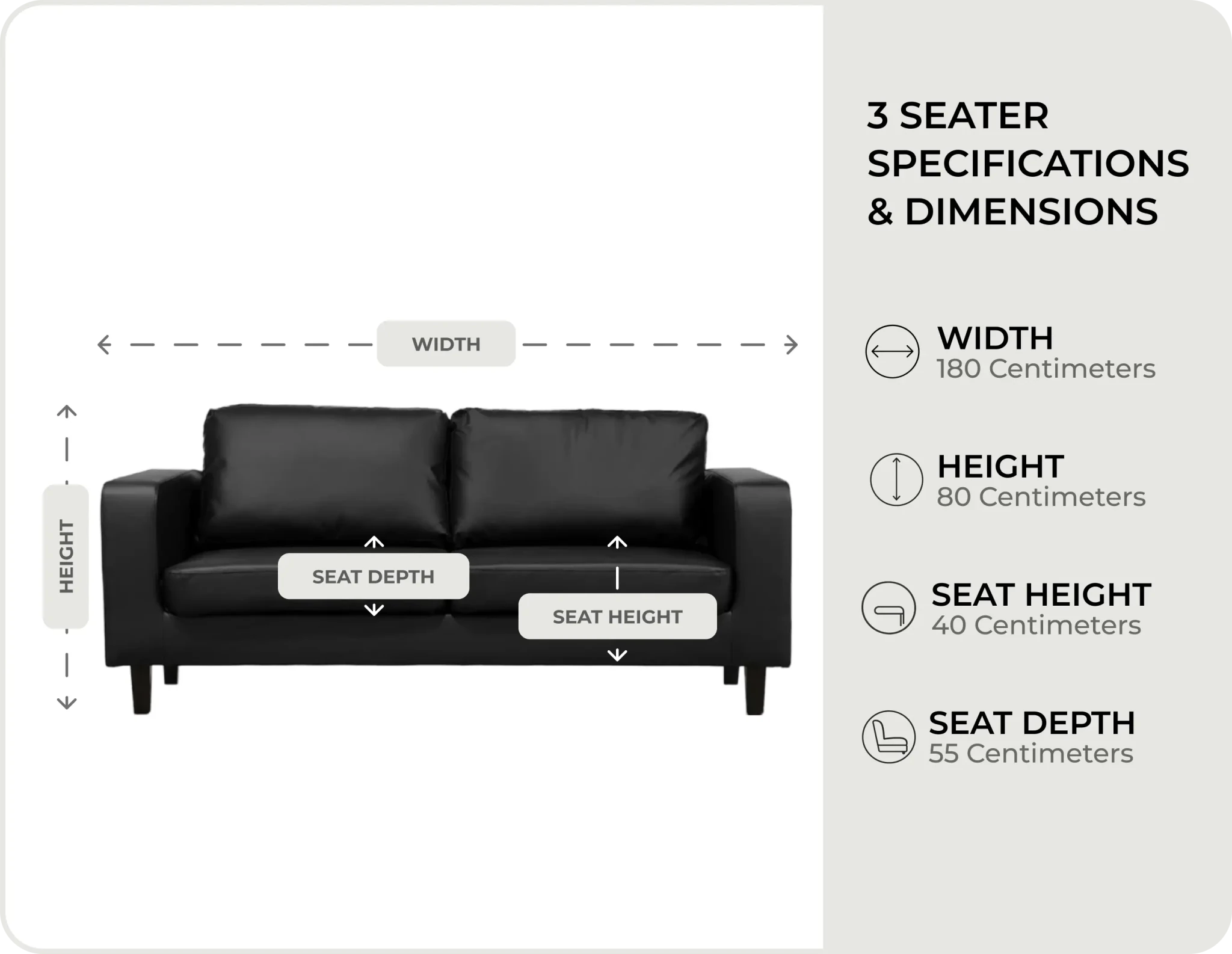 Box Black Leather 3 seater measurements