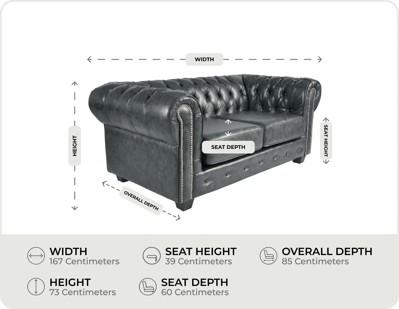 Chesterfield Green Leather Antique 2 Seater Sofa - measurements