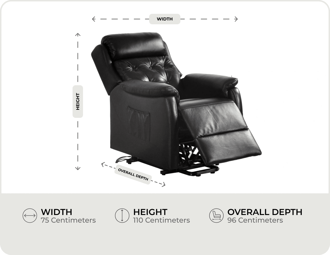 Oliver Genuine Leather Black Rise & Recline Mobility Chair measurements