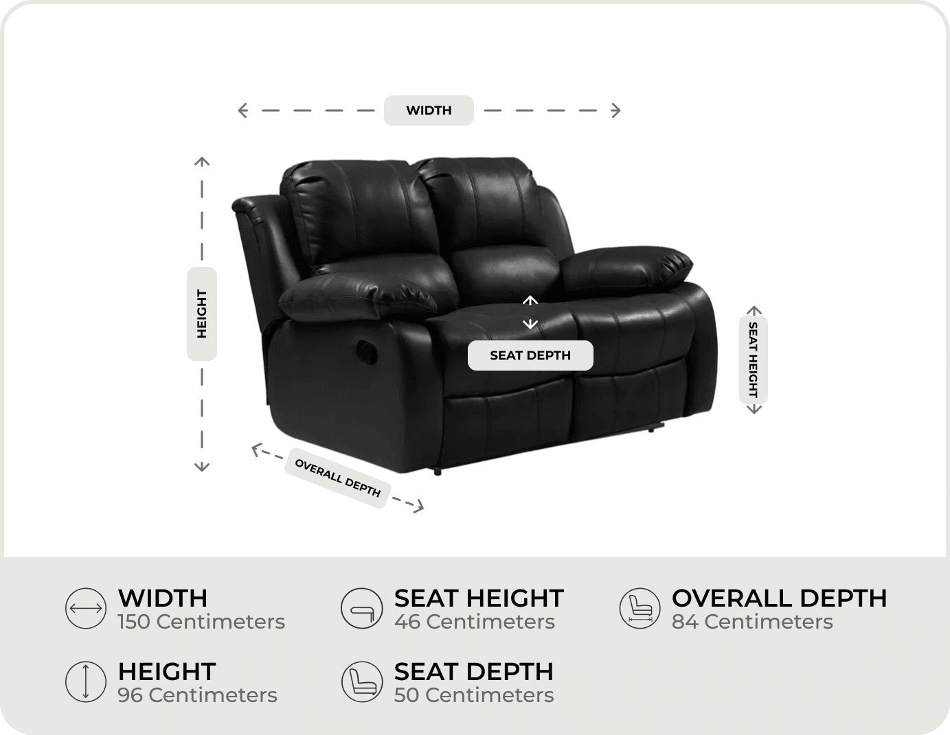 York Black Leather 2 Seater Manual Recliner Sofa measurement