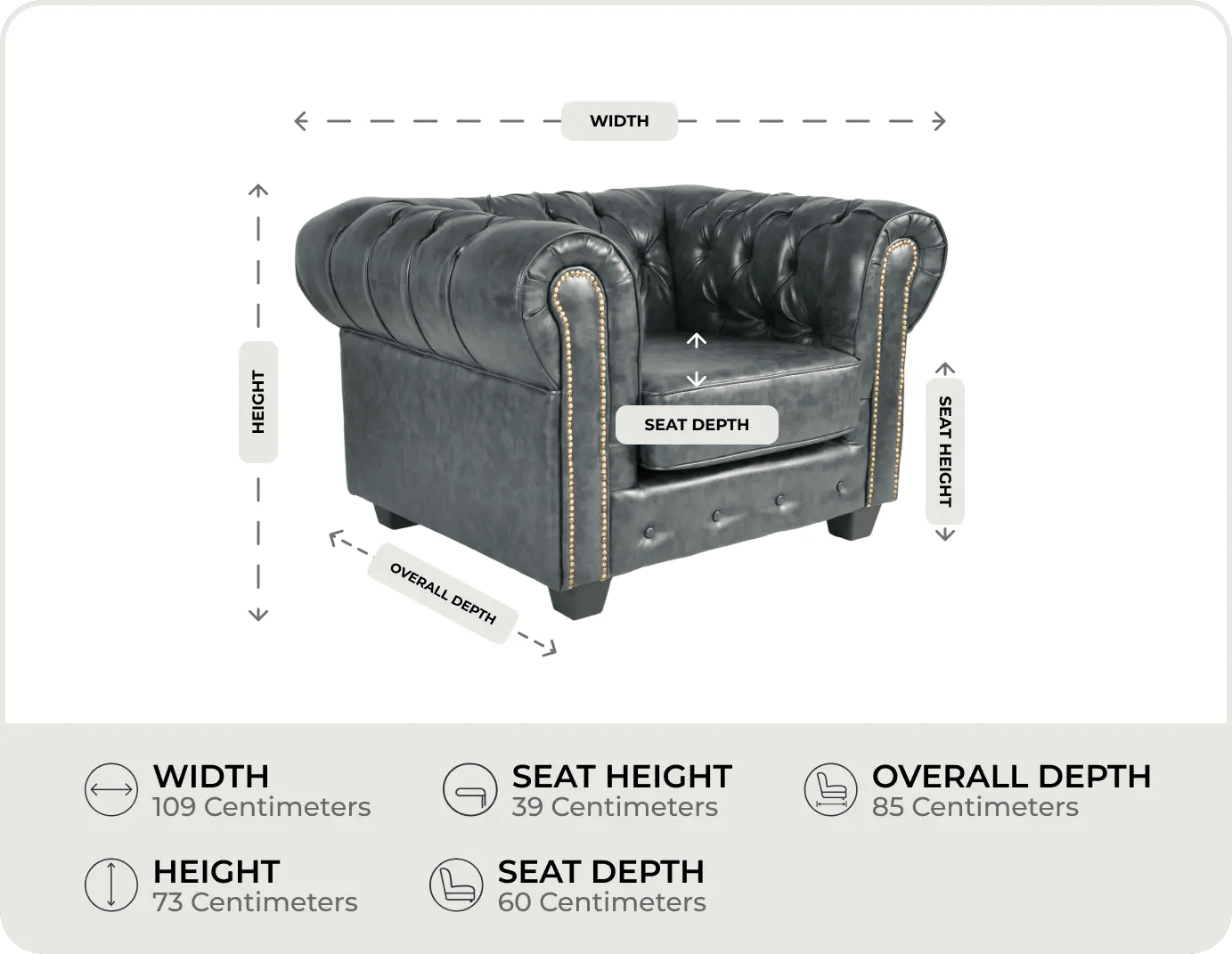 Chesterfield Green Leather Antique Armchair - measurements
