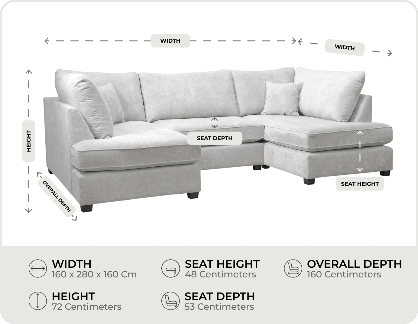 Mayfair Silver Fabric U Shape High Back Corner Sofa + Footstool measurements
