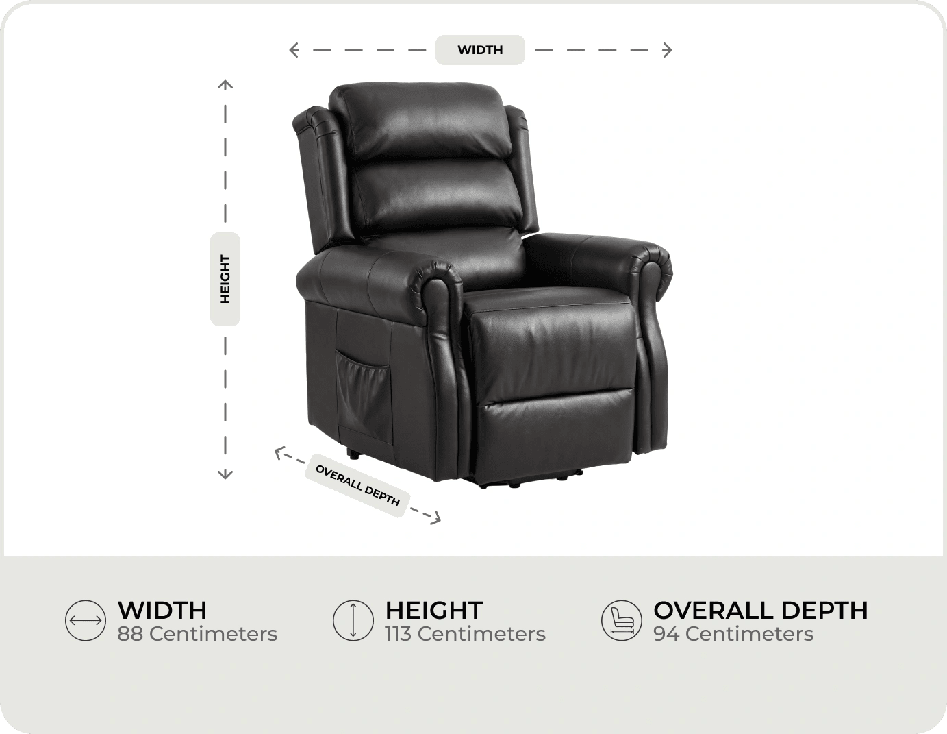 Cambridge Genuine Leather Black Rise & Recline Mobility Chair measurements