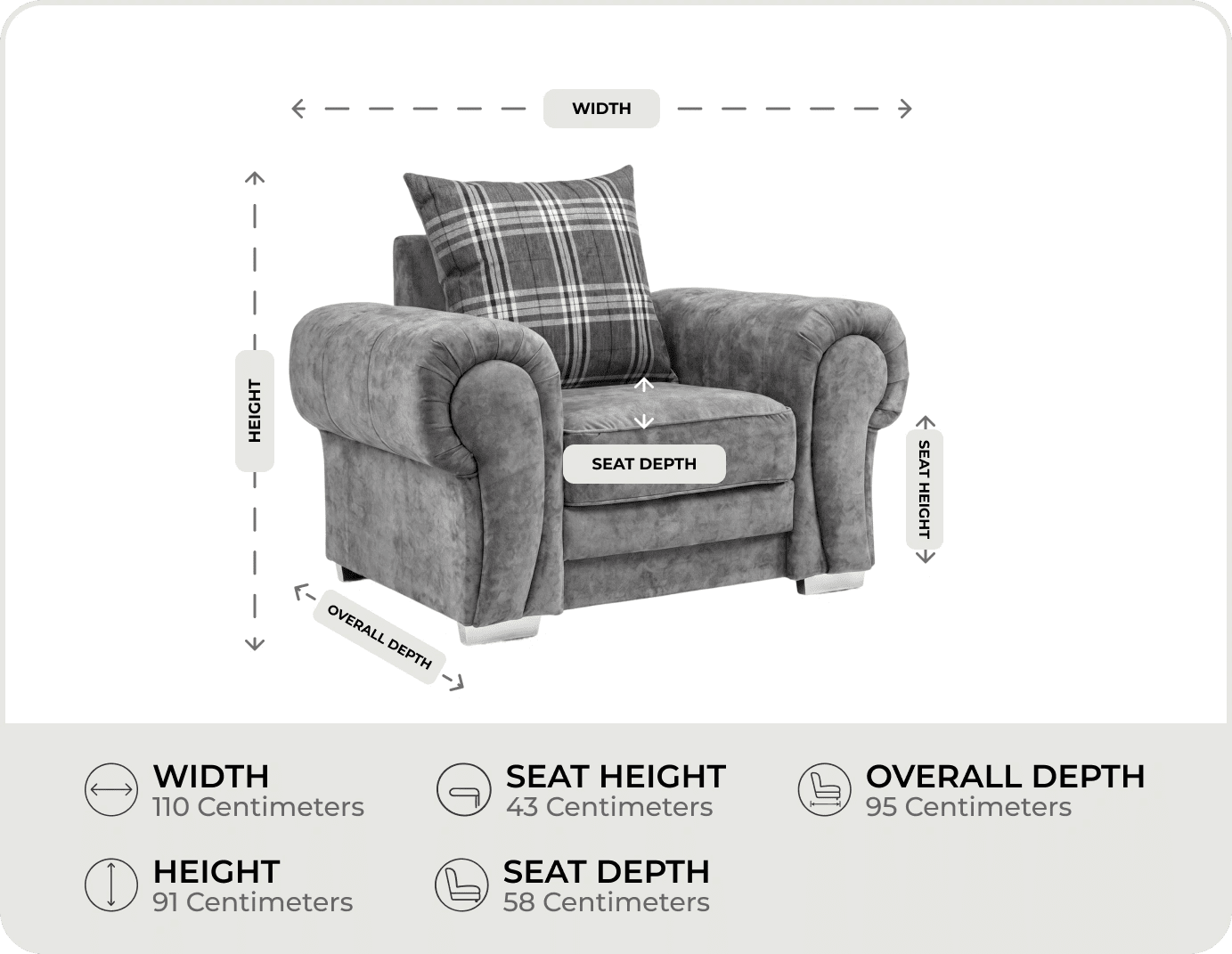 Florence Scatter Grey Fabric Armchair measurements