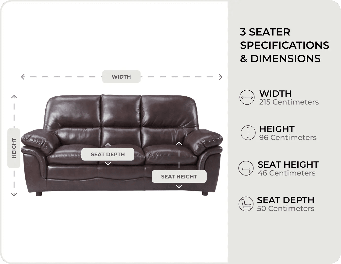 Florence Brown Leather 3 Seater Sofa measurements